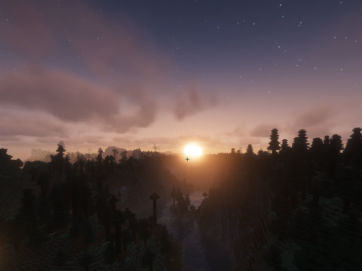 A Minecraft spruce forest at low sun, mist along the valley floor and stars still out overhead